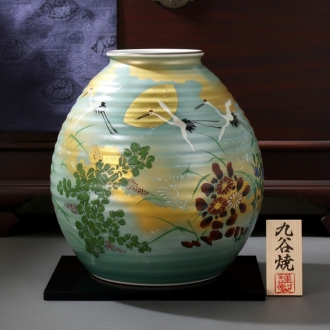 【松鶴延年】九谷燒・金彩瑞雲群鶴紋手捻圓壺花瓶